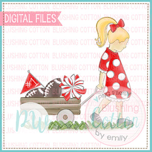 GIRL PULLING WAGON BLONDE HAIR RED AND WHITE WATERCOLOR DESIGN BCPW