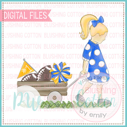 GIRL PULLING WAGON BLONDE HAIR ROYAL BLUE AND GOLD WATERCOLOR DESIGN BCPW