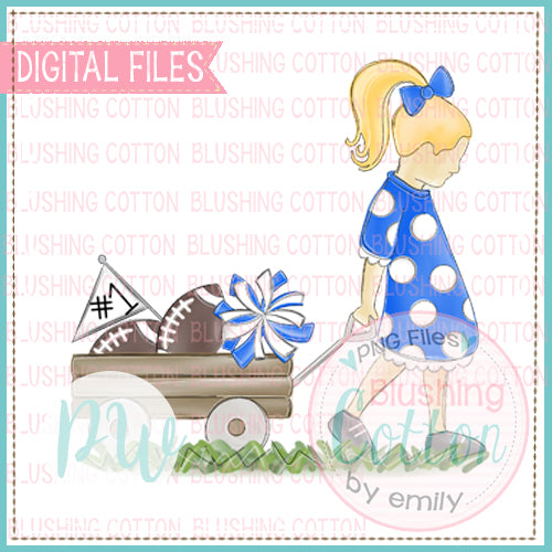 GIRL PULLING WAGON BLONDE HAIR ROYAL BLUE AND WHITE WATERCOLOR DESIGN BCPW