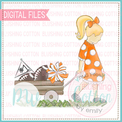 GIRL PULLING WAGON BLONDE HAIR ORANGE AND WHITE WATERCOLOR DESIGN BCPW