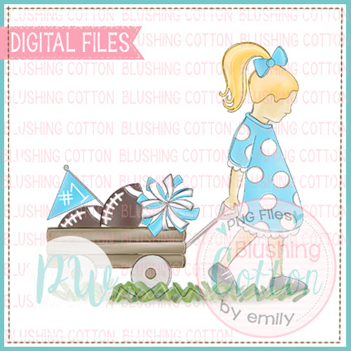 GIRL PULLING WAGON BLONDE HAIR LIGHT BLUE AND WHITE WATERCOLOR DESIGN BCPW