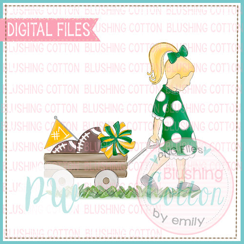 GIRL PULLING WAGON BLONDE HAIR GREEN AND GOLD WATERCOLOR DESIGN BCPW