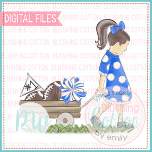 GIRL PULLING WAGON BRUNETTE HAIR ROYAL BLUE AND WHITE WATERCOLOR DESIGN BCPW