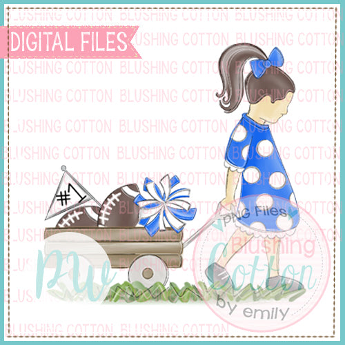 GIRL PULLING WAGON BRUNETTE HAIR ROYAL BLUE AND WHITE WATERCOLOR DESIGN BCPW