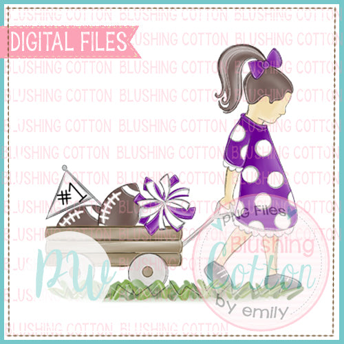 GIRL PULLING WAGON BRUNETTE HAIR PURPLE AND WHITE WATERCOLOR DESIGN BCPW