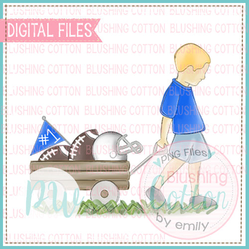 BOY PULLING WAGON BLONDE HAIR ROYAL BLUE AND WHITE WATERCOLOR DESIGN BCPW
