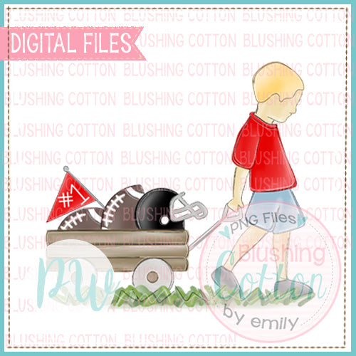 BOY PULLING WAGON BLONDE HAIR RED AND BLACK WATERCOLOR DESIGN BCPW