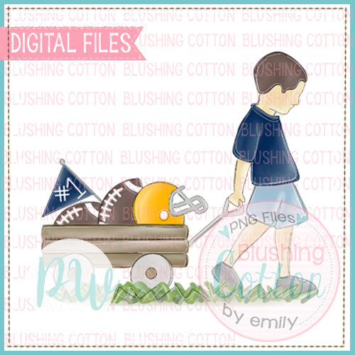 BOY PULLING WAGON BRUNETTE HAIR NAVY AND GOLD WATERCOLOR DESIGN BCPW