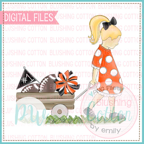 GIRL PULLING WAGON BLONDE HAIR ORANGE AND BLACK WATERCOLOR DESIGN BCPW