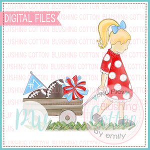 GIRL PULLING WAGON BLONDE HAIR RED AND COLUMBIA BLUE WATERCOLOR DESIGN BCPW