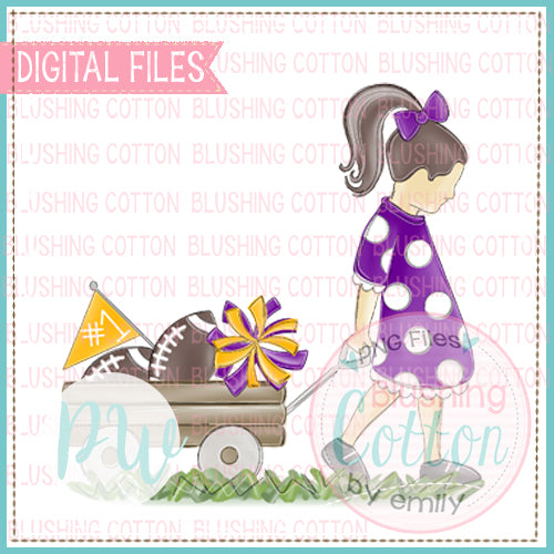 GIRL PULLING WAGON BRUNETTE HAIR PURPLE AND GOLD WATERCOLOR DESIGN BCPW