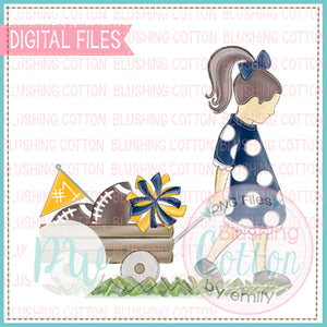 GIRL PULLING WAGON BRUNETTE HAIR NAVY AND GOLD WATERCOLOR DESIGN BCPW