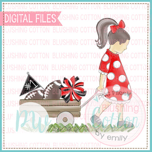 GIRL PULLING WAGON BRUNETTE HAIR RED AND BLACK WATERCOLOR DESIGN BCPW
