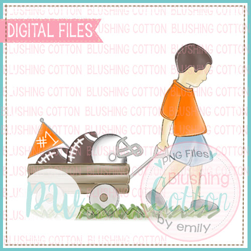 BOY PULLING FOOTBALL WAGON ORANGE AND WHITE WITH BRUNETTE HAIR BCPW