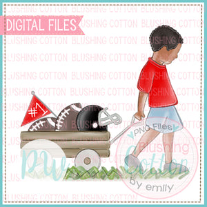 BOY PULLING FOOTBALL WAGON DARK SKIN CURLY HAIR  IN RED AND BLACK  BCPW