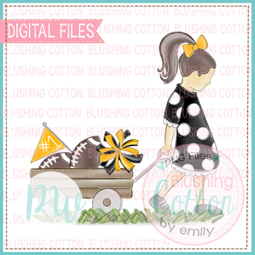 GIRL PULLING FOOTBALL WAGON BRUNETTE HAIR BLACK AND GOLD  BCPW
