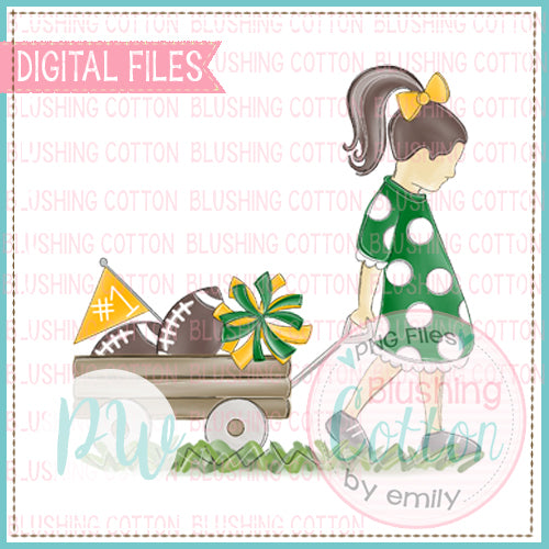 GIRL PULLING FOOTBALL WAGON BRUNETTE HAIR GREEN AND WHITE  BCPW