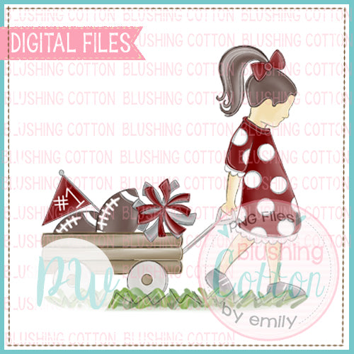 GIRL PULLING FOOTBALL WAGON BRUNETTE HAIR MAROON AND GRAY BCPW
