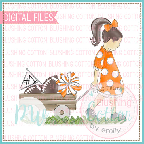 GIRL PULLING FOOTBALL WAGON BRUNETTE HAIR ORANGE AND WHITE BCPW