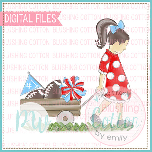GIRL PULLING FOOTBALL WAGON BRUNETTE HAIR RED AND COLUMBIA BLUE BCPW