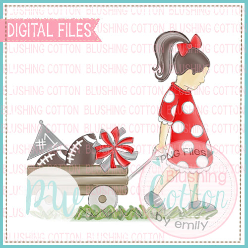 GIRL PULLING FOOTBALL WAGON BRUNETTE HAIR RED AND GRAY BCPW