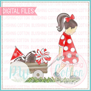GIRL PULLING FOOTBALL WAGON BRUNETTE HAIR RED AND WHITE BCPW