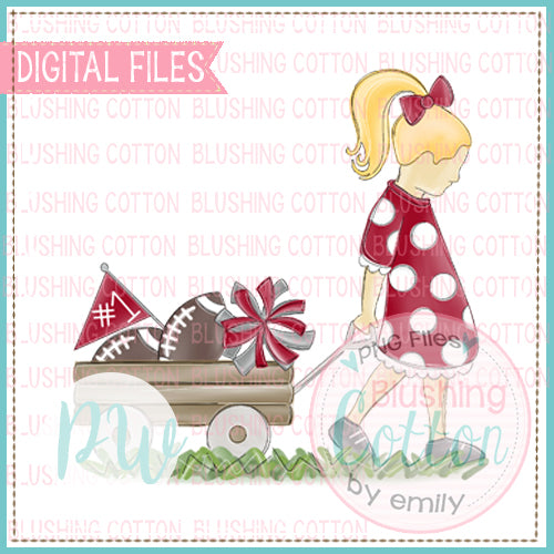 GIRL PULLING FOOTBALL WAGON BLONDE HAIR CRIMSON AND GRAY   BCPW