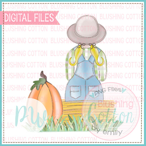 LITTLE GIRL BLONDE HAIR SITTING ON HAY BALE WITH PUMPKIN BCPW