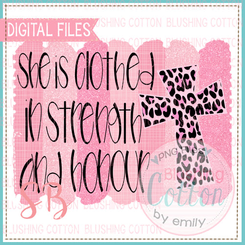 CLOTHED IN STRENGTH AND HONOUR WITH PINK BRUSH STROKE BACKGROUND  BCSB