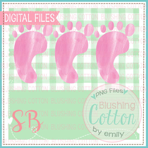BABY FEET PINK TRIO WITH LIGHT GREEN CHECK BACKGROUND NAME PLATE BCSB