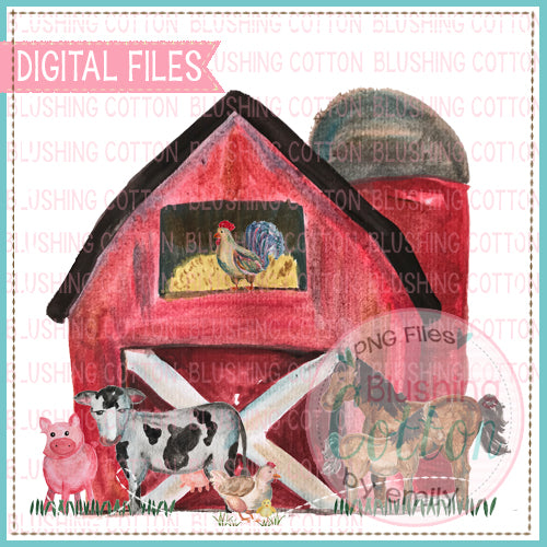RED BARN SCENE WITH ANIMAL WATERCOLOR PNG BC