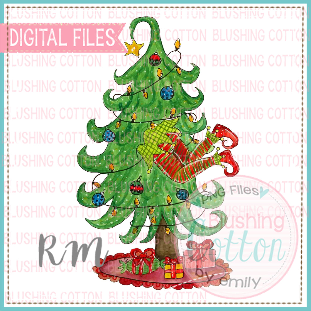 ELF STUCK IN CHRISTMAS TREE WATERCOLOR DESIGN  BCRM