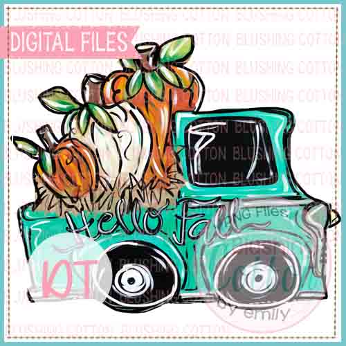 Hello Fall Teal Truck With Pumpkins Design   BCDT