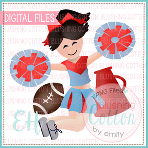 JUNIE CHEERLEADER BLACK HAIR LIGHT BLUE AND RED BCEH WATERCOLOR DESIGN BCEH