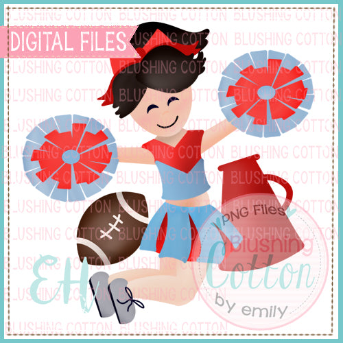 JUNIE CHEERLEADER BLACK HAIR LIGHT BLUE AND RED BCEH WATERCOLOR DESIGN BCEH
