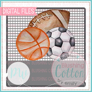 FOOTBALL SOCCER BASKETBALL CLUSTER ON GRAY ROUNDED SQUARE CHECK BACKGROUND WITH NAME AREA DESIGN WATERCOLOR PNG BCPW